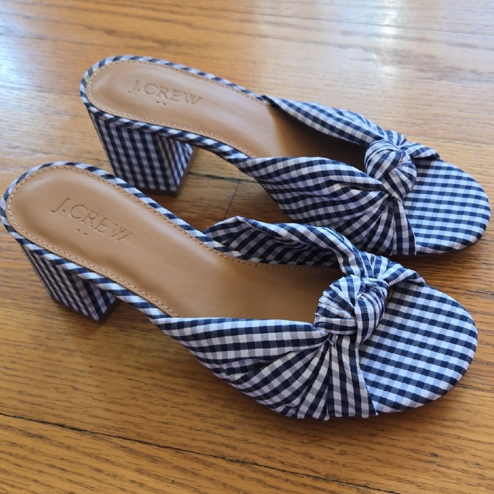 J. Crew Navy Gingham Knot Slide Heels